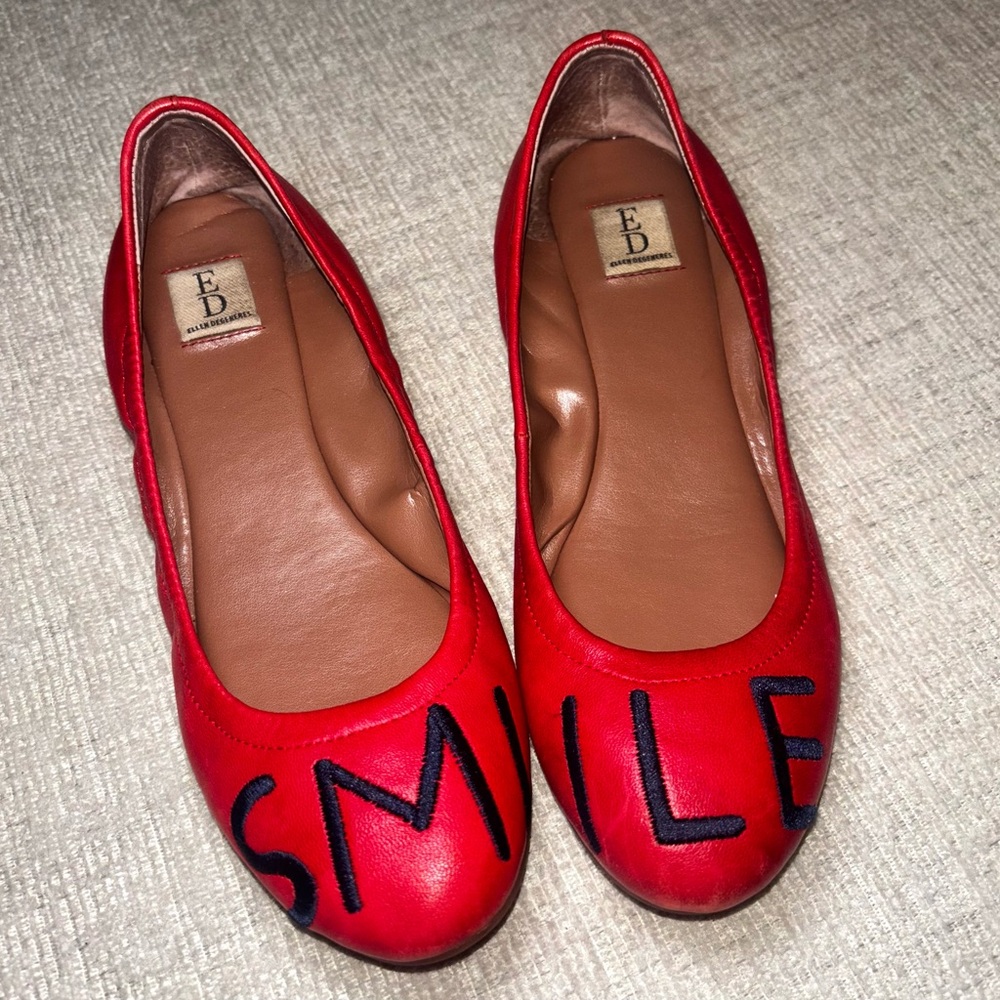 Quirky Red Leather “Smile” Ballet Flats Women’s 7.5–8 Teacher Ellen DeGeneres - Picture 2 of 8